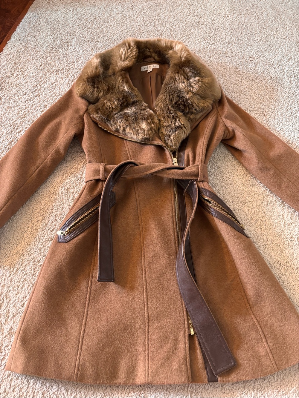 Via Spiga Camel Brown Wool Blend Pea Coat with Faux Fur Collar